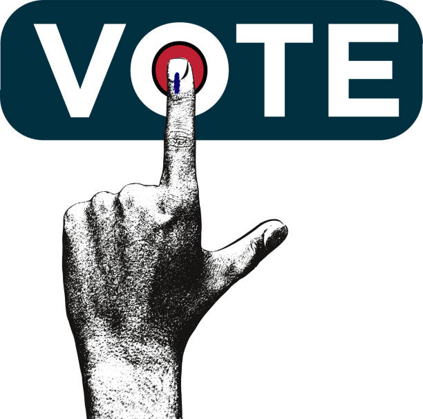 Indian male voter hand with voting sign realistic vector with vote text Indian male voter hand with voting sign realistic vector with vote text symbol of india stock illustrations