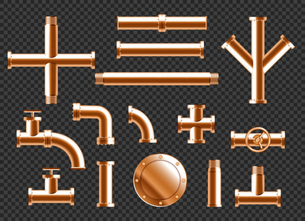 구리 수도관, 배관 파이프라인 요소 - faucet water pipe pipe brass stock illustrations