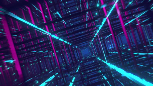 istock Flying through the Neon sci-fi tunnel cage and metal construction VJ background 1306072603