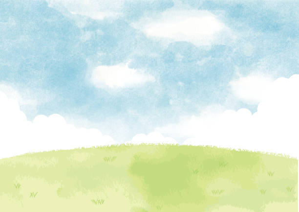 istock Green hills and blue sky with watercolor background 1306072658