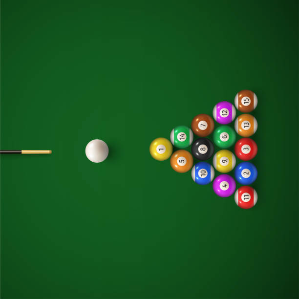 istock Colorful realistic billiard balls on table before hitting by cue recreational game on green canvas 1306073554