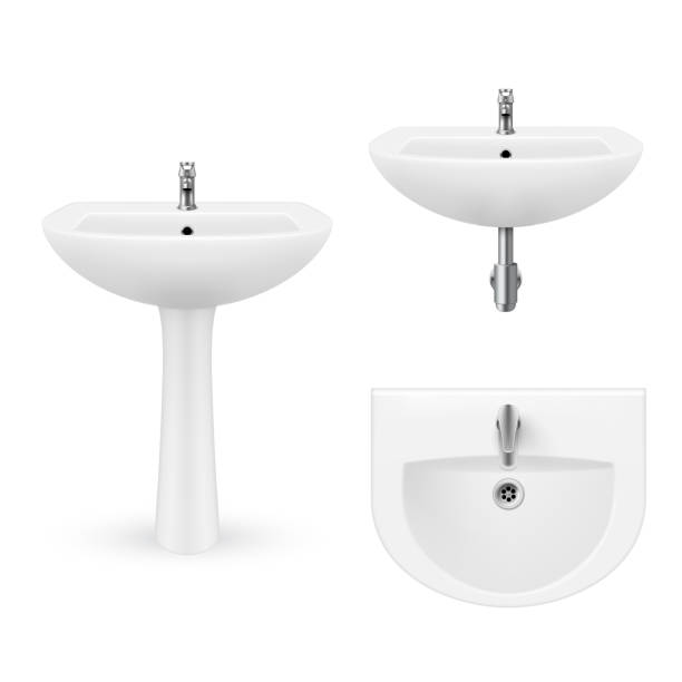 istock Collection of realistic white luxury sink with faucet for bathroom and restroom vector illustration 1306073567