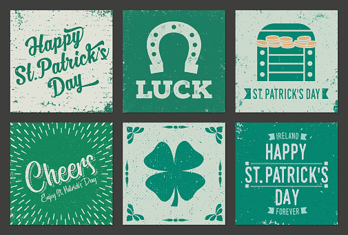 Set of vintage, grunge squared greeting cards for St Patrick's Day. Very textured and weathered.