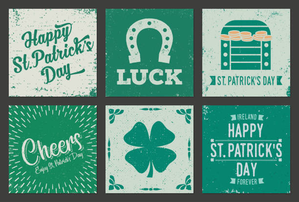 Set of vintage / grunge St Patrick's Day greeting cards - v1 Set of vintage, grunge squared greeting cards for St Patrick's Day. Very textured and weathered. luck illustrations stock illustrations