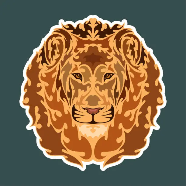 Vector illustration of Hand drawn abstract portrait of a lion. Sticker. Vector stylized colorful illustration isolated on dark background.