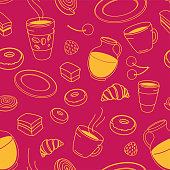Seamless set of sketches of pies and desserts symbolizing a coffee shop on a red background