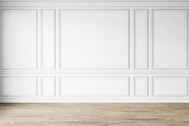 istock Classic white empty interior with wall panels, moldings and wooden floor. 3d render illustration mock up. 1306074963