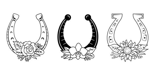 lineares hufeisen mit blumen und blättern. vektor-silhouette-illustration. symbol des glücks. - horseshoe stock-grafiken, -clipart, -cartoons und -symbole