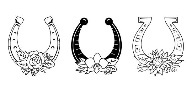 illustrations, cliparts, dessins animés et icônes de fer à cheval linéaire avec des fleurs et des feuilles. illustration vectorielle de silhouette. symbole de chance. - horseshoe