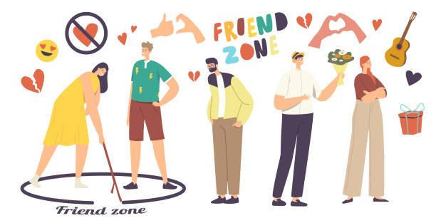ilustrações de stock, clip art, desenhos animados e ícones de friend zone concept. male characters fall in love trying to attract girls. woman drawing circle with man stand inside - suitor