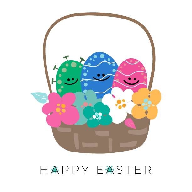 пасхальные яйца в корзине с яркими весенними цветами и яйцами. существует коронавирус, covid 19 выглядеть как яйцо. risible концепция вектор иллюс� - risible stock illustrations