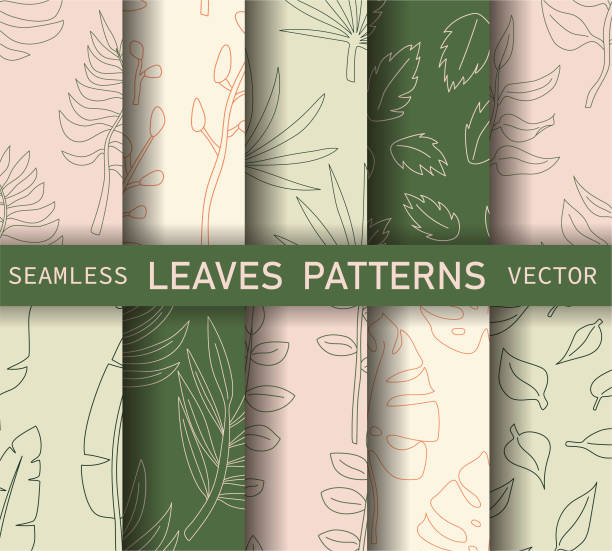 Set of seamless vector green leaves patterns. Collection of thin line botanical illustration backgrounds. Stylish trendy plant organic nature wallpaper. Tropical patterns Set of seamless vector green leaves patterns. Collection of thin line botanical illustration backgrounds. Stylish trendy plant organic nature wallpaper. Tropical patterns bamboo background stock illustrations