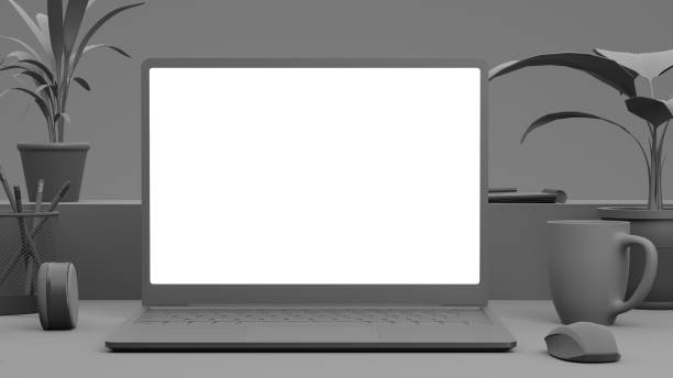 istock 3D render. Grey, monochromatic office table with laptop. Mock-up. 1306079623