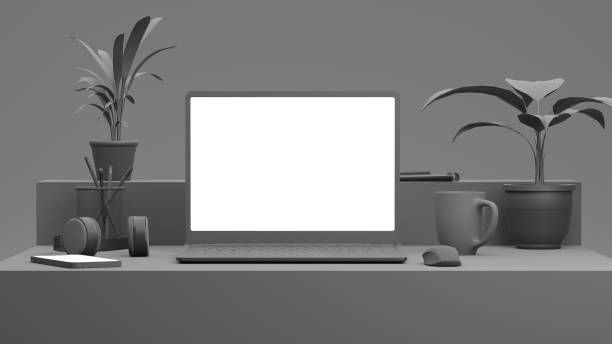istock 3D render. Grey, monochromatic office table with laptop and phone. Mock-up. 1306079628