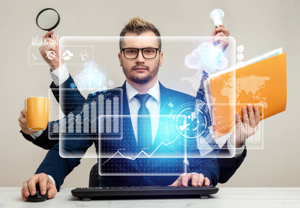 istock Businessman with many hands in a suit. Works simultaneously with several subjects, business virtual diagram with artificial intelligence. Multitasking, efficient business worker concept 1306079923