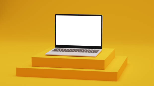 istock Laptop with blank screen in 3D generated, yellow enviroment. Mock-up. 1306080976