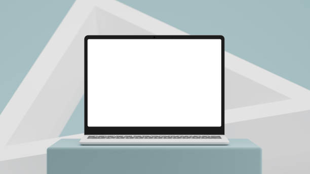 istock Laptop with blank screen on blue, abstract, geometrical background. 3D render. Mock-up. 1306082123