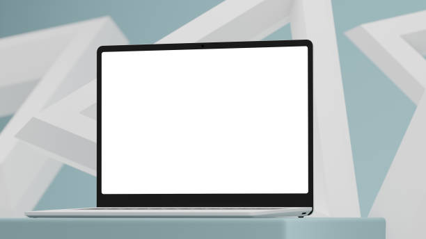 istock Laptop with blank screen on blue, abstract, geometrical background. 3D render. Mock-up. 1306082126