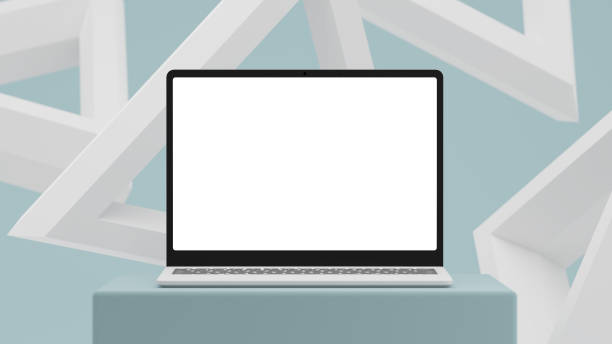 istock Laptop with blank screen on blue, abstract, geometrical background. 3D render. Mock-up. 1306082127