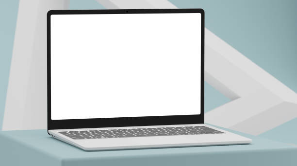 istock Laptop with blank screen on blue, abstract, geometrical background. 3D render. Mock-up. 1306082135