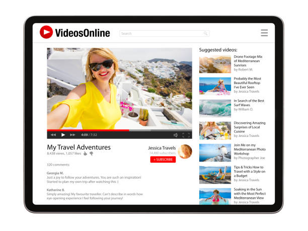 istock Tablet isolated on white background with online video app on screen 1306082201