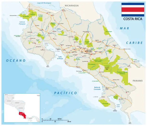 Vector illustration of costa rica road and national park map with flag
