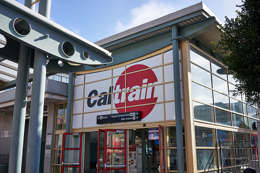San Francisco, CA, USA - Feb 8, 2020: The entrance to the Caltrain Station on the 4th Street, the northern terminus of the commuter rail line, in the SoMa neighborhood in San Francisco, California.