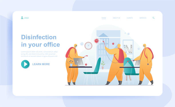 Group of people in special uniform disinfecting office together Group of people in special uniform disinfecting office together. People with equipment getting rid of bacteria. Website, web page, landing page template. Flat cartoon vector illustration office fogging stock illustrations