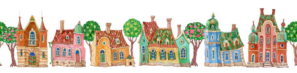 istock Architectural seamless border pattern on white background. Watercolor painted doodle Fairy tale houses panorama, old medieval European town street with blooming trees. Travel brochure, web site banner 1306086526