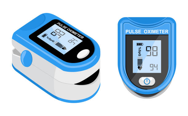 Pulse oximeter icon on the median finger for measuring oxygen in the blood. Health care for blood saturation test. Vector illustration Pulse oximeter icon on the median finger for measuring oxygen in the blood. Health care for blood saturation test. Vector illustration on white background. saturated color stock illustrations