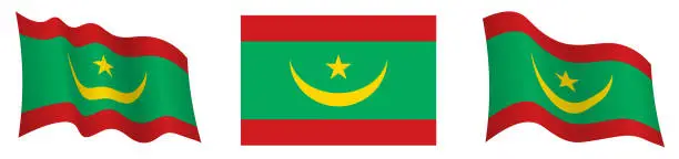 Vector illustration of flag of mauritania in static position and in motion, fluttering in wind in exact colors and sizes, on white background