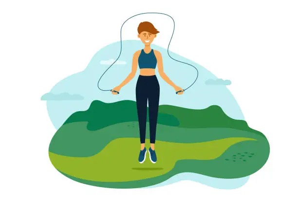 Vector illustration of Healthy lifestyle and outdoor activities vector illustration with young woman jumping in park