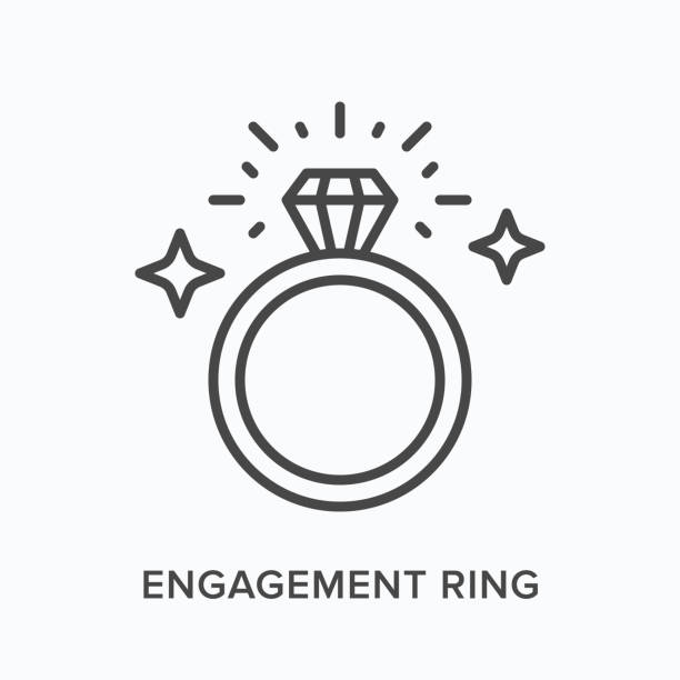 Engagement ring flat line icon. Vector outline illustration of round jewel. Black thin linear pictogram for wedding Engagement ring flat line icon. Vector outline illustration of round jewel. Black thin linear pictogram for wedding. the golden ring russia stock illustrations