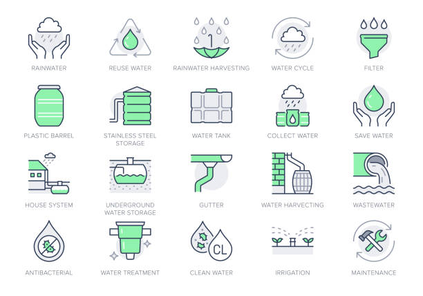 Rainwater harvesting line icons. Vector illustration include icon - barrel, stainless steel reservoir, liquid drainage outline pictogram for water recycling. Green Color, Editable Stroke Rainwater harvesting line icons. Vector illustration include icon - barrel, stainless steel reservoir, liquid drainage outline pictogram for water recycling. Green Color, Editable Stroke. steel gutters stock illustrations