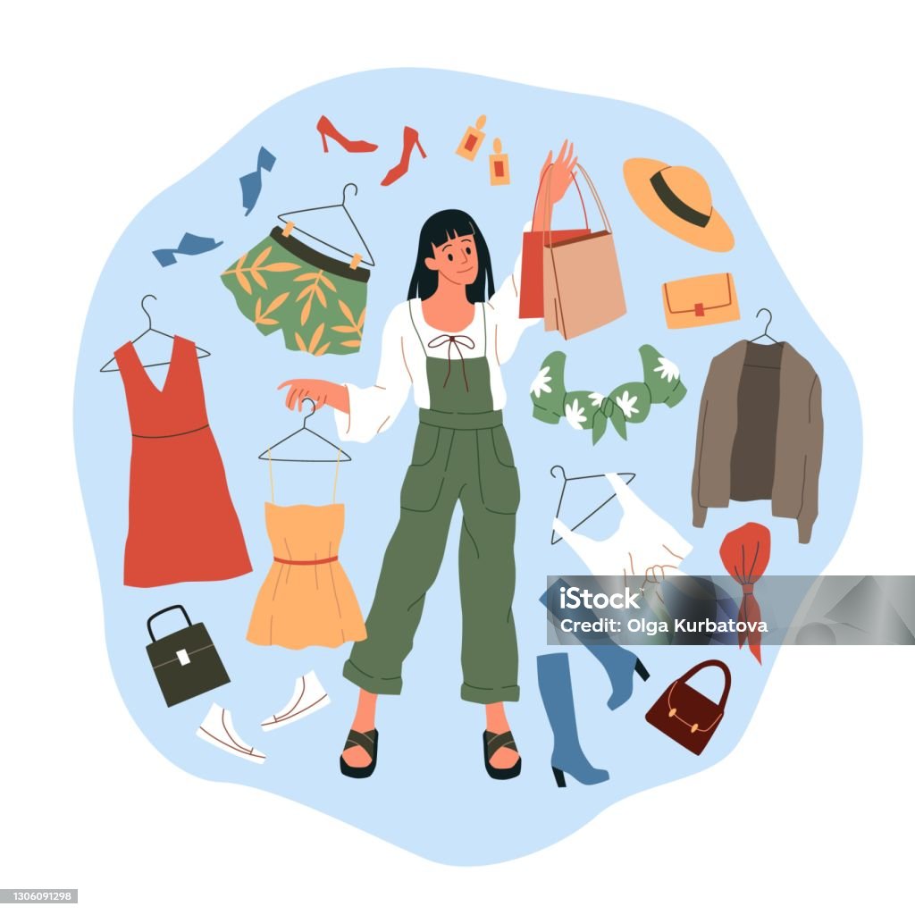 Ilustración de Una Mujer De Compras Chica De Dibujos Animados Compra Ropa Vestidos Y Zapatos Grandes Ventas De Tiendas De Moda Círculo De Ropa Elección En Medio Del Caos De Ropa Y Ilustración de Una Mujer De Compras Chica De Dibujos Animados Compra Ropa Vestidos Y Zapatos Grandes Ventas De Tiendas De Moda Círculo De Ropa Elección En Medio Del Caos De Ropa Y