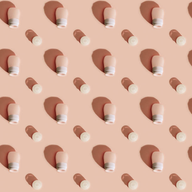 istock Pattern with Cosmetic bottles for cream, gel, lotion. Beauty product package, mock up plastic container with hard shadows 1306091508