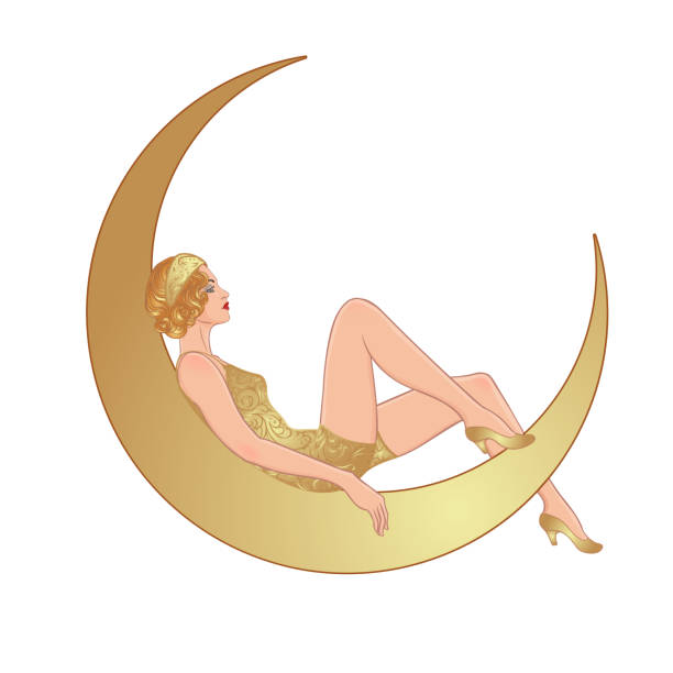 Pretty woman sitting on vintage paper crescent  moon. Flapper girl. Retro party invitation design. Vector illustration. vector art illustration