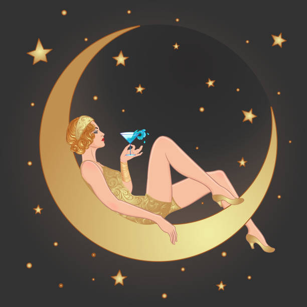 Pretty woman sitting on vintage paper crescent  moon. Flapper girl. Retro party invitation design. Vector illustration. Pretty woman sitting on vintage paper crescent  moon. Flapper girl. Retro party invitation design. Vector illustration. Beaty in art deco style. Retro fashion: glamour lady of twenties. 1920 stock illustrations