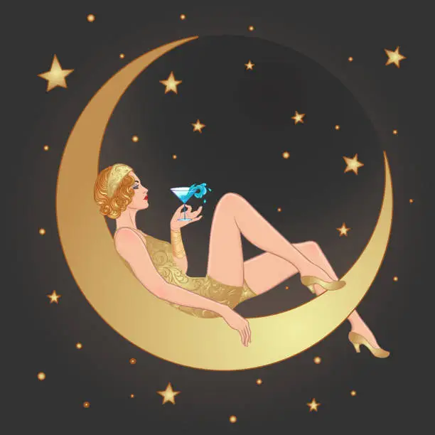 Vector illustration of Pretty woman sitting on vintage paper crescent  moon. Flapper girl. Retro party invitation design. Vector illustration.