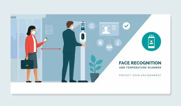 Vector illustration of People using a temperature measuring and sterilizing kiosk