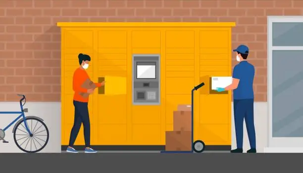 Vector illustration of People picking up boxes in the parcel delivery locker