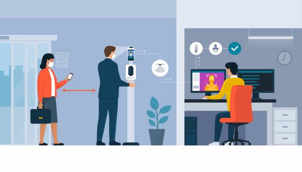 Temperature screening kiosk and facial recognition Temperature screening kiosk and facial recognition at the corporate building entrance: people standing at the kiosk and surveillance operator monitoring access biometric security stock illustrations