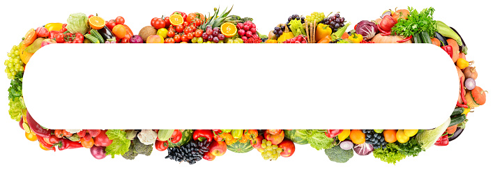 Rectangular wide frame of bright and colorful fruits, vegetables and berries isolated on white background.
