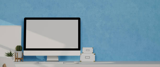istock Minimal computer desk with mock up monitor, accessories, decorations and copy space, 3D rendering, 3D illustration 1306093733