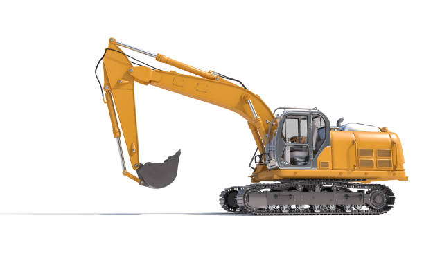 istock yellow excavator on the white background. nobody around. 1306094120