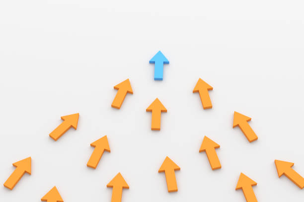 istock Leadership concept, blue leader arrow leading orange arrows, on white background 1306095021