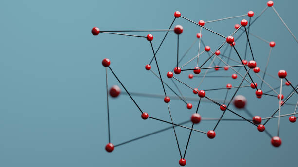 istock Red spheres on blue background, concept of network 1306095026