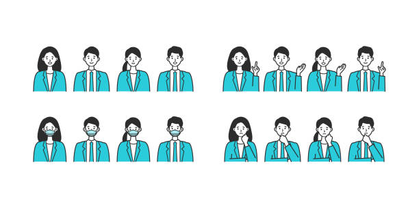 Smiling businessman and woman in suits. Different people smiles set. Smiling businessman and woman in suits. Different people smiles set. Isolated vector illustration icons set. guidance illustrations stock illustrations