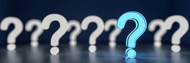 Blue glowing question mark on right side with other glowing signs, on dark background, FAQ Concept