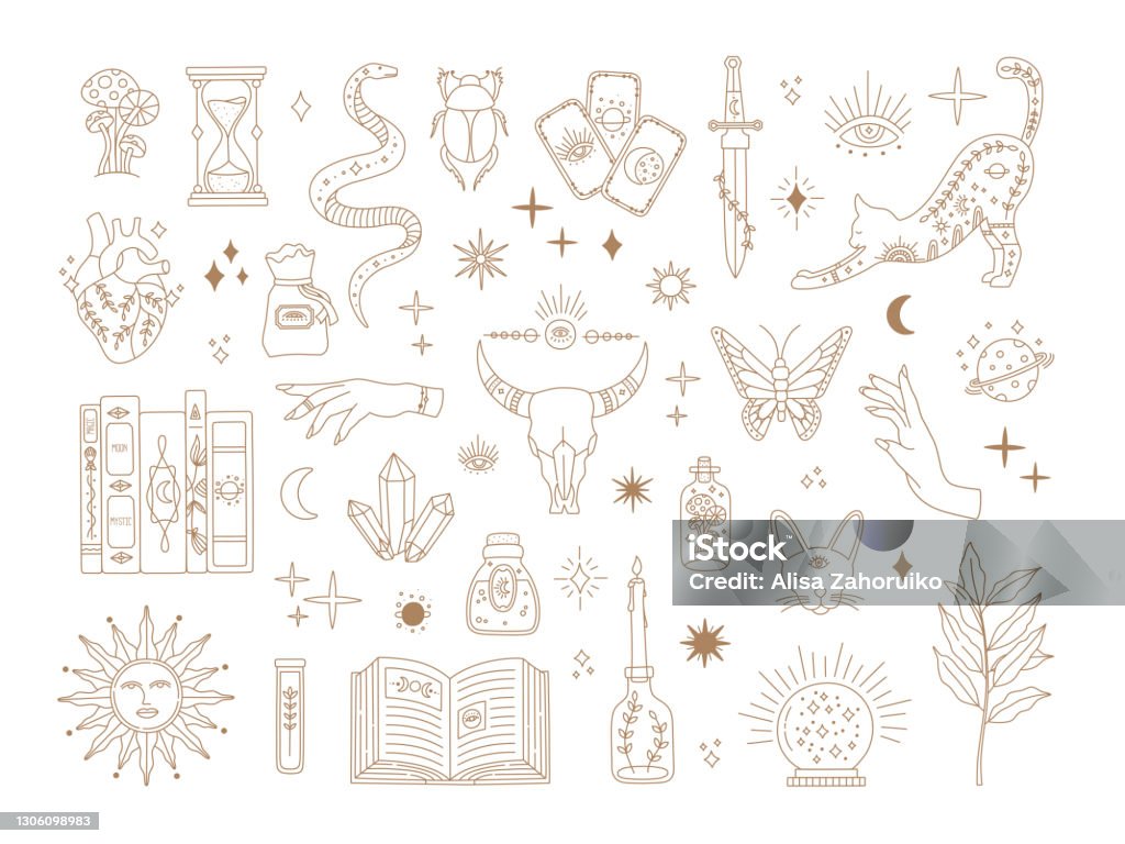 Witchcraft sacred big set, mystic magic symbols Witchcraft sacred big set, mystic magic symbols for tattoo, mystery gold line art collection, modern boho style elements sun, tarot cards, potion. Vector icons and logo illustration, white background Spirituality stock vector